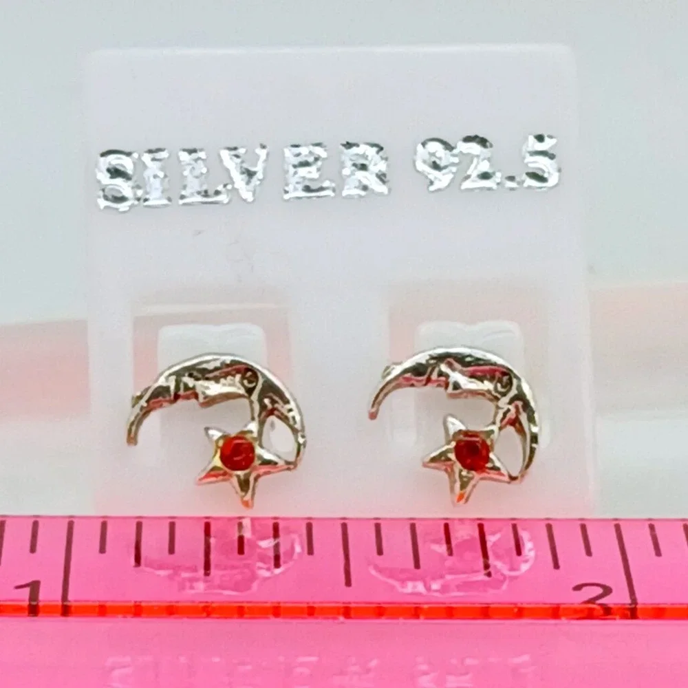 925 Sterling Silver Crescent Moon and Star Red Crystal‎ Stud Earrings Celestial
